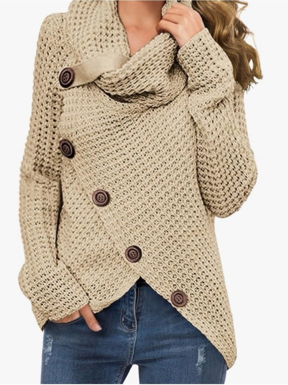 GRECERELLE Women’s Cowl Neck Asymmetrical Button Knit Sweater Size S NWT